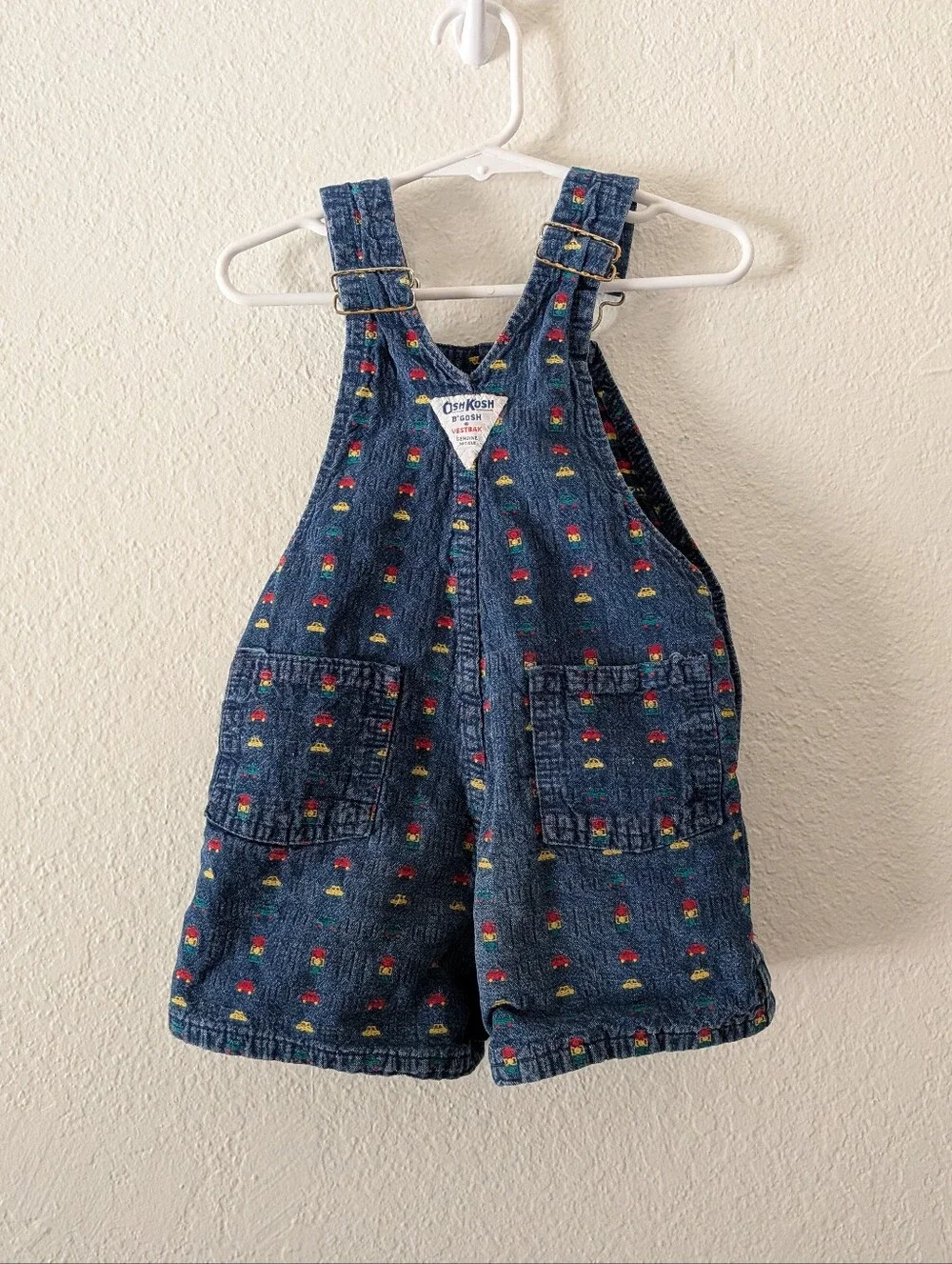 Vintage Oshkosh B'gosh Cars Denim Jean Vestbak Short Overalls Size 4T
